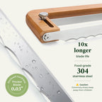 Close-up of the serrated blade, bamboo frame and adjustment knob on a bread knife