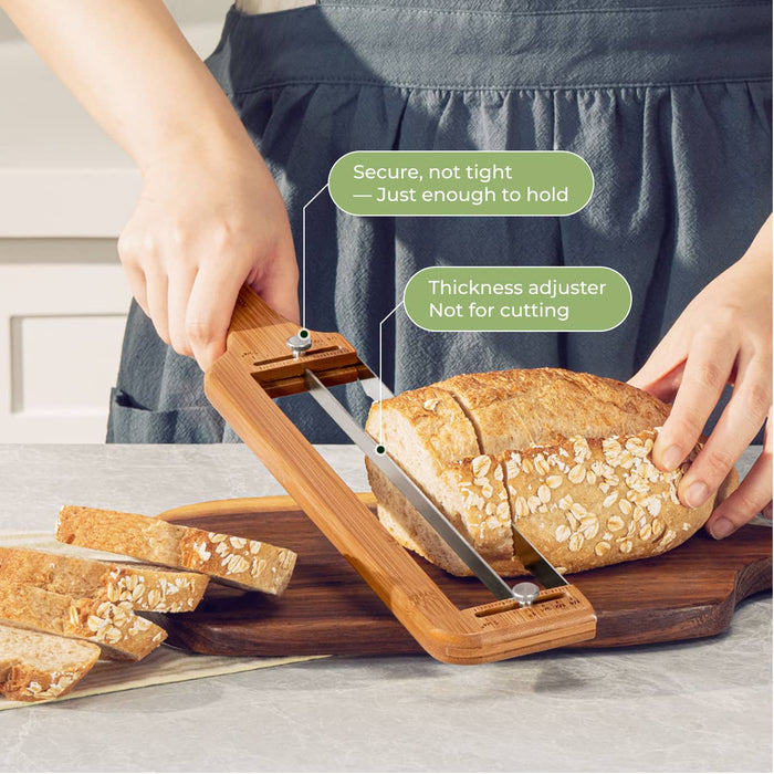 Close-up view of adjustable bread slicer creating clean and uniform slices