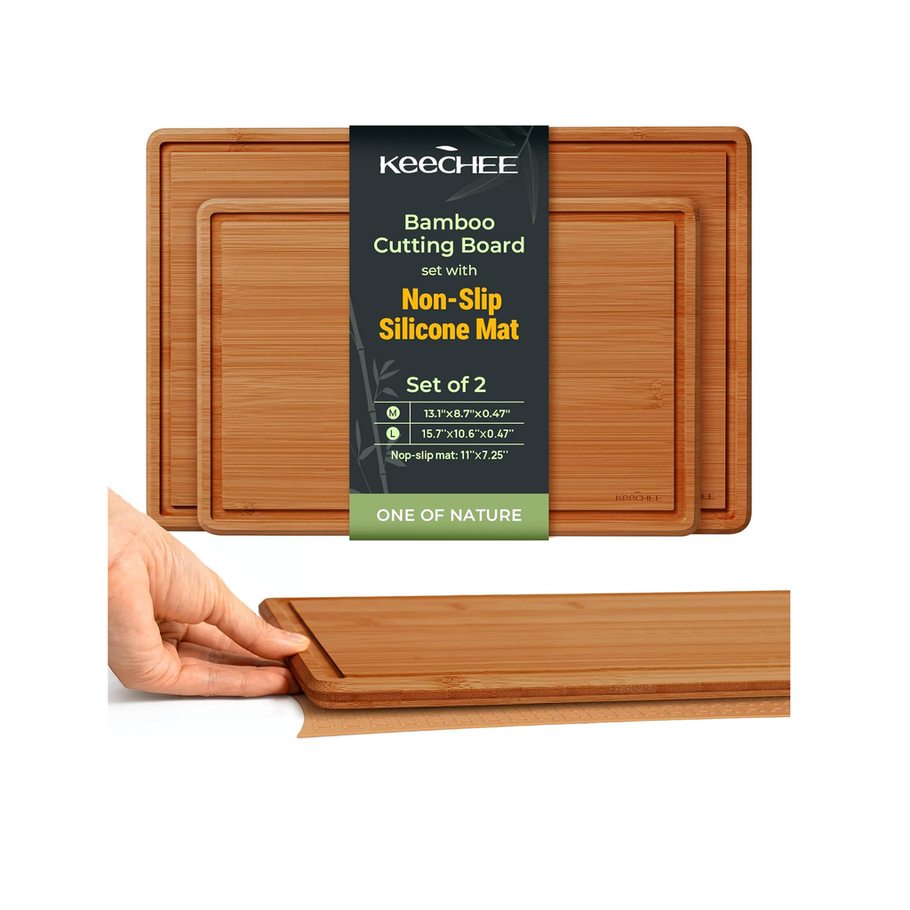 Carbonized Bamboo Cutting Board with Non-slip Mat - Set of 2