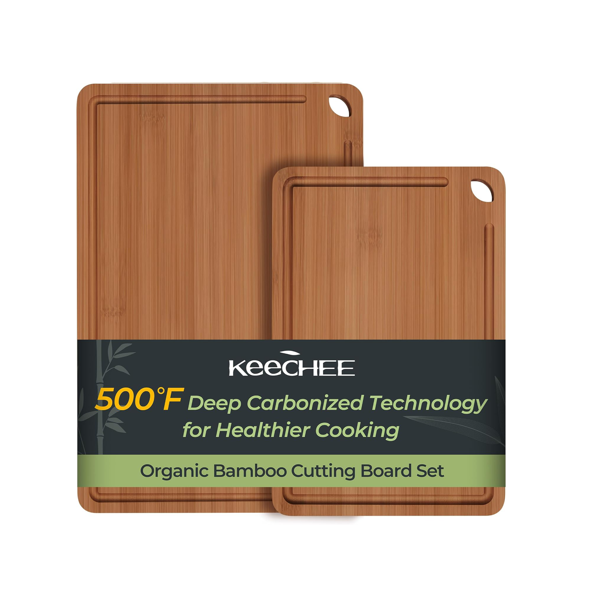 2 carbonized bamboo cutting boards with juice grooves and built-in handles