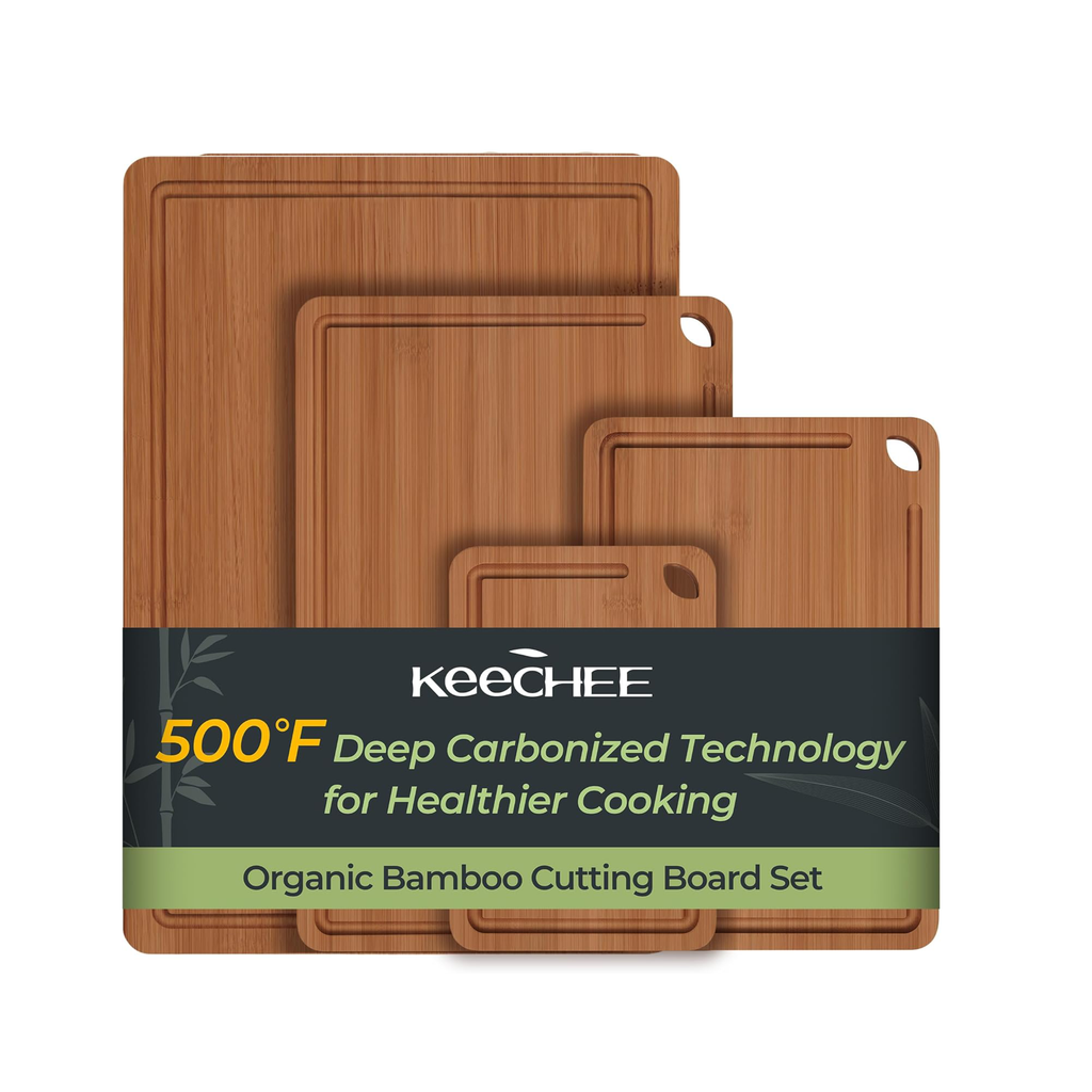 Four carbonized bamboo cutting boards with juice grooves and built-in handles
