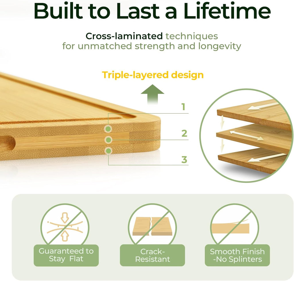 Cross-laminated construction of KEECHEE natural bamboo cutting boards