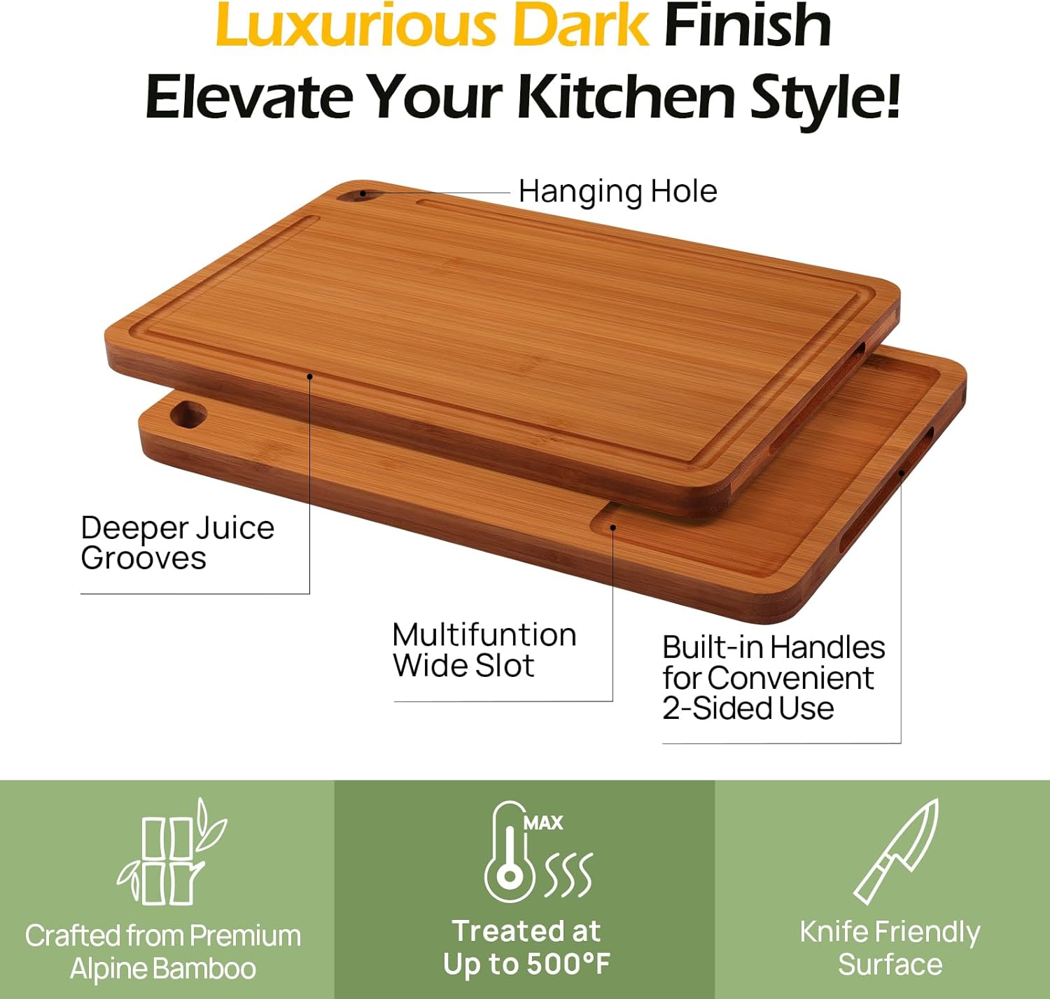 Rich dark finish of medium and large carbonized bamboo cutting boards