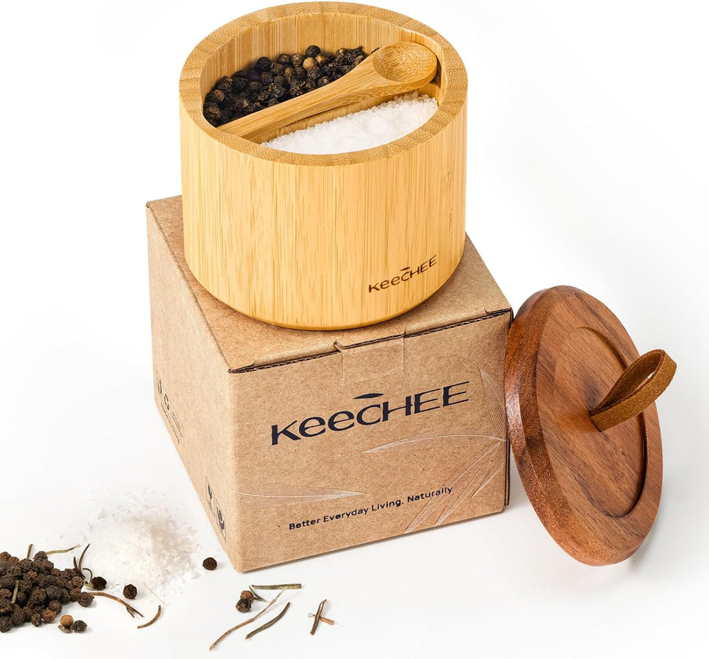 Bamboo Salt Cellar Dual Compartment with Acacia Lid & Spoon
