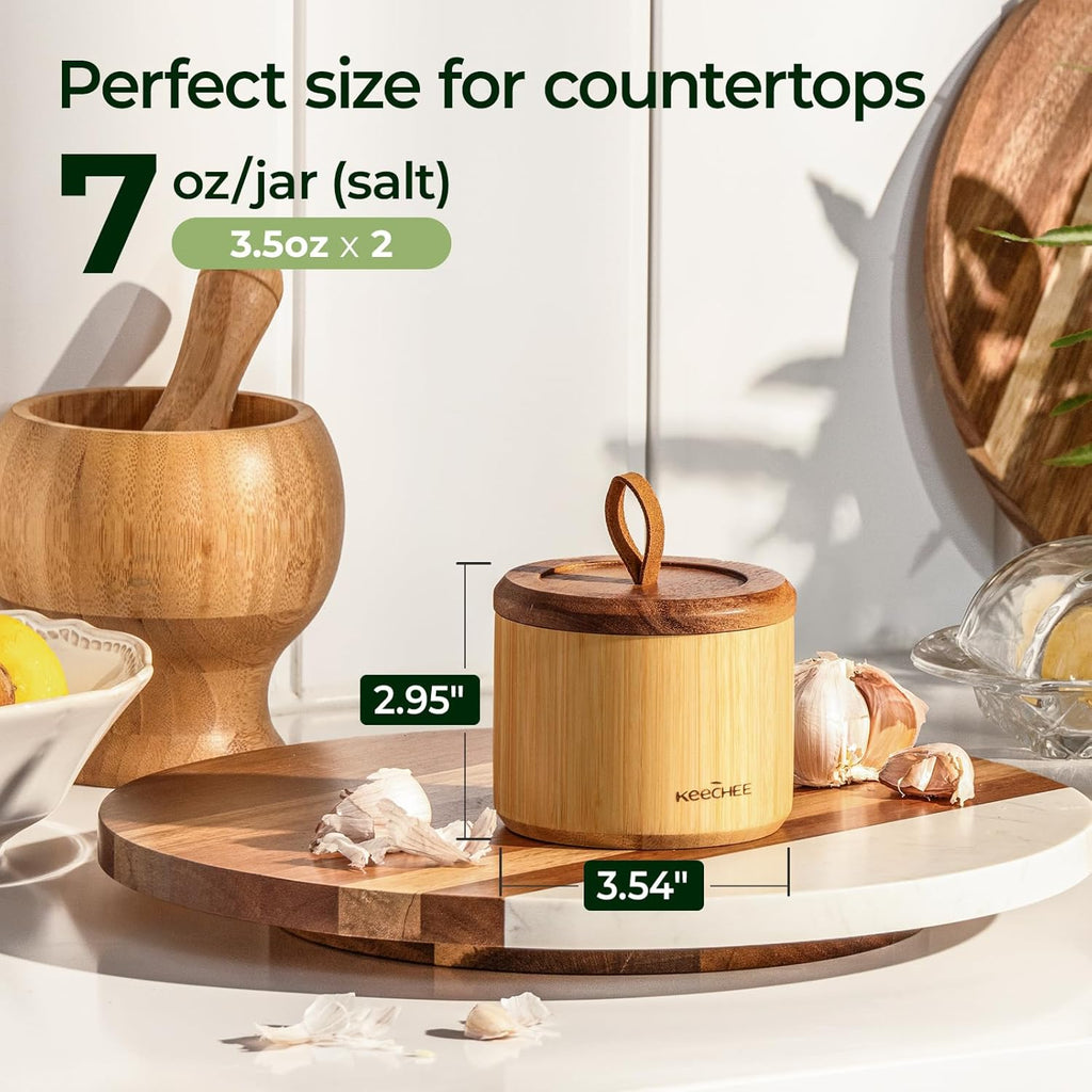 Bamboo Salt Cellar Dual Compartment with Acacia Lid & Spoon