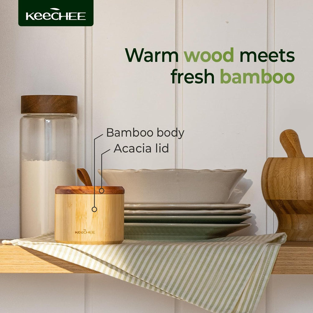 Bamboo Salt Cellar Dual Compartment with Acacia Lid & Spoon