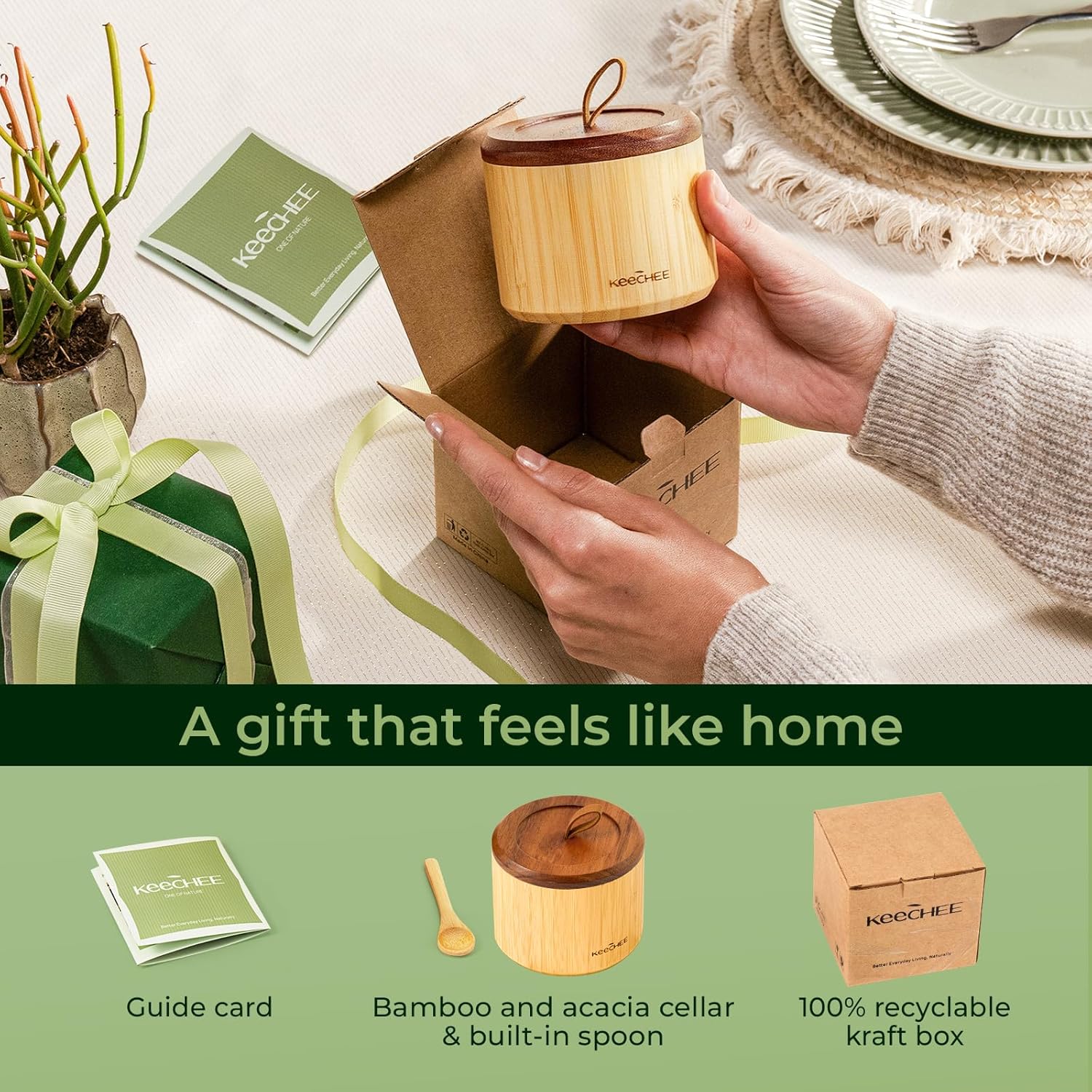 Bamboo Salt Cellar Dual Compartment with Acacia Lid & Spoon