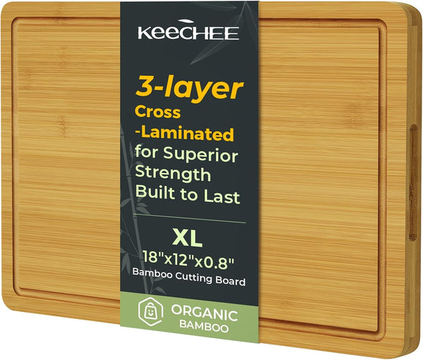 KEECHEE extra-large natural bamboo cutting board, 18 × 12 inches