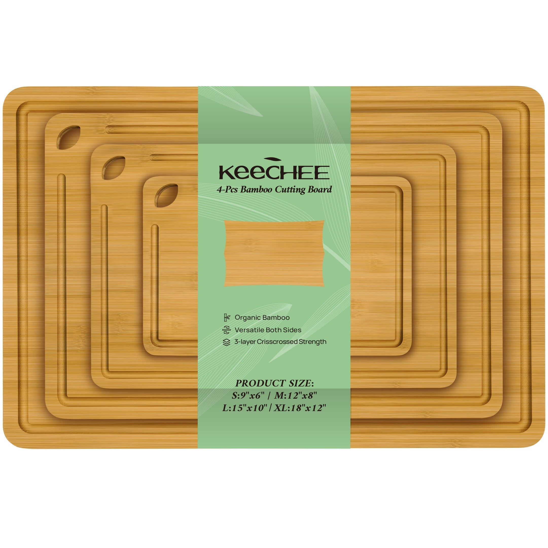 KEECHEE four-piece carbonized bamboo cutting board set with product packaging
