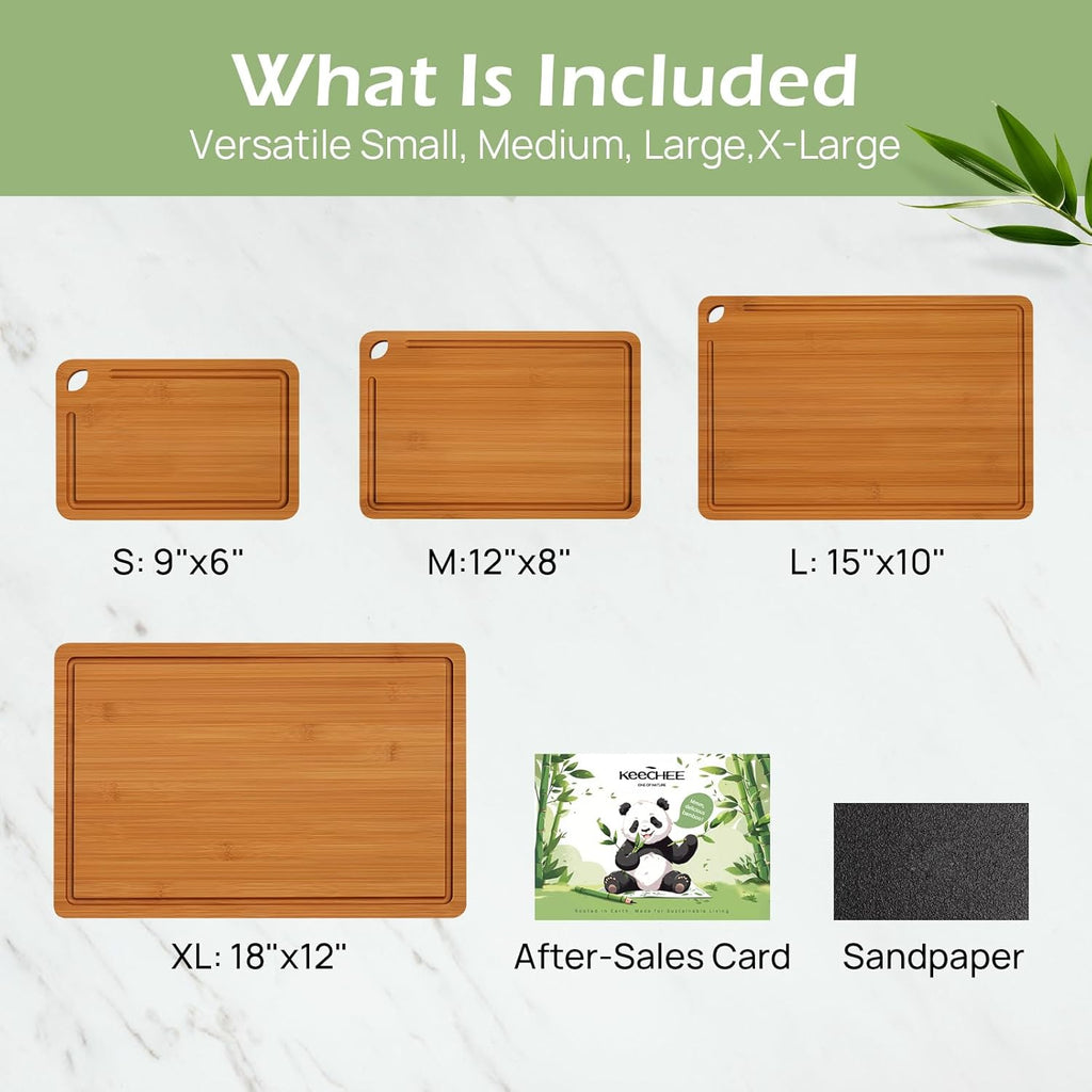 Four graduated carbonized bamboo cutting boards included in the KEECHEE set