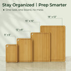 Four graduated natural bamboo cutting board sizes arranged for organized kitchen
