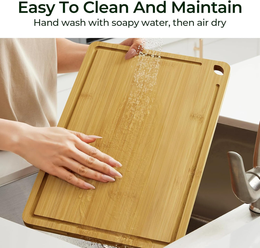 Natural bamboo cutting board being hand-washed with mild soap and water