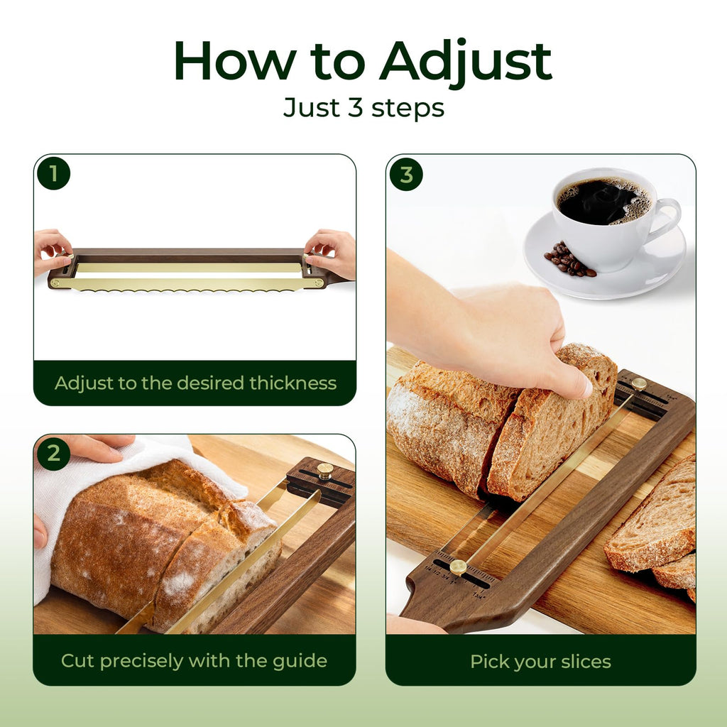 Three steps for adjusting and using the walnut wood bread slicer