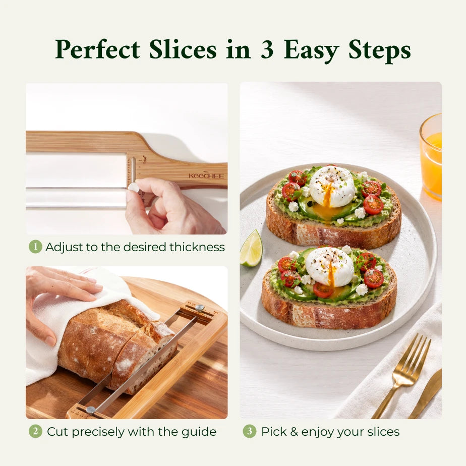 Three steps for using an adjustable bread slicer: set the thickness, slice the loaf and serve
