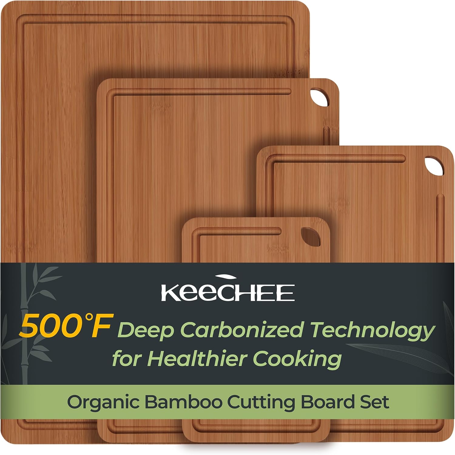 KEECHEE 4-piece carbonized bamboo cutting board set in four graduated sizes
