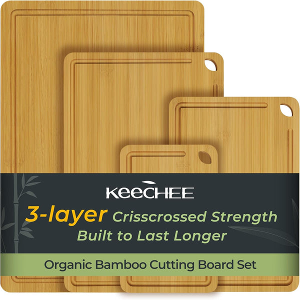 KEECHEE 4-piece natural bamboo cutting board set in four graduated sizes