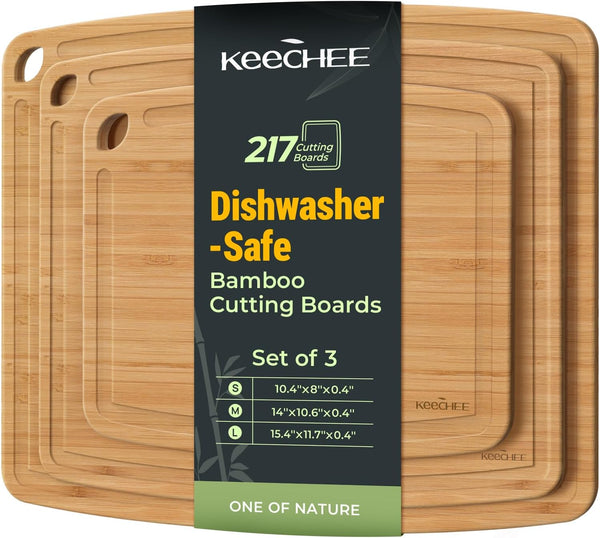 KEECHEE dishwasher-safe bamboo cutting board set of 3 with juice grooves
