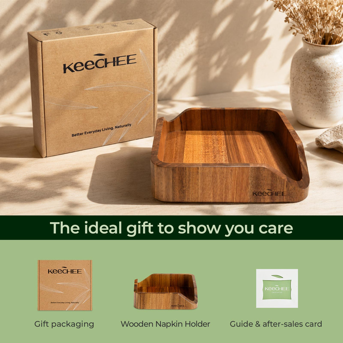 KEECHEE wooden napkin holder with gift packaging and an instruction and after-sales card