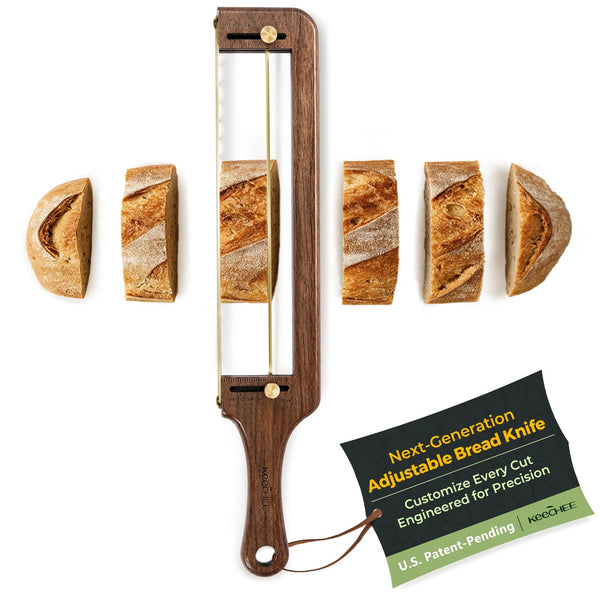 Keechee walnut wood adjustable bread slicer shown with evenly sliced bread