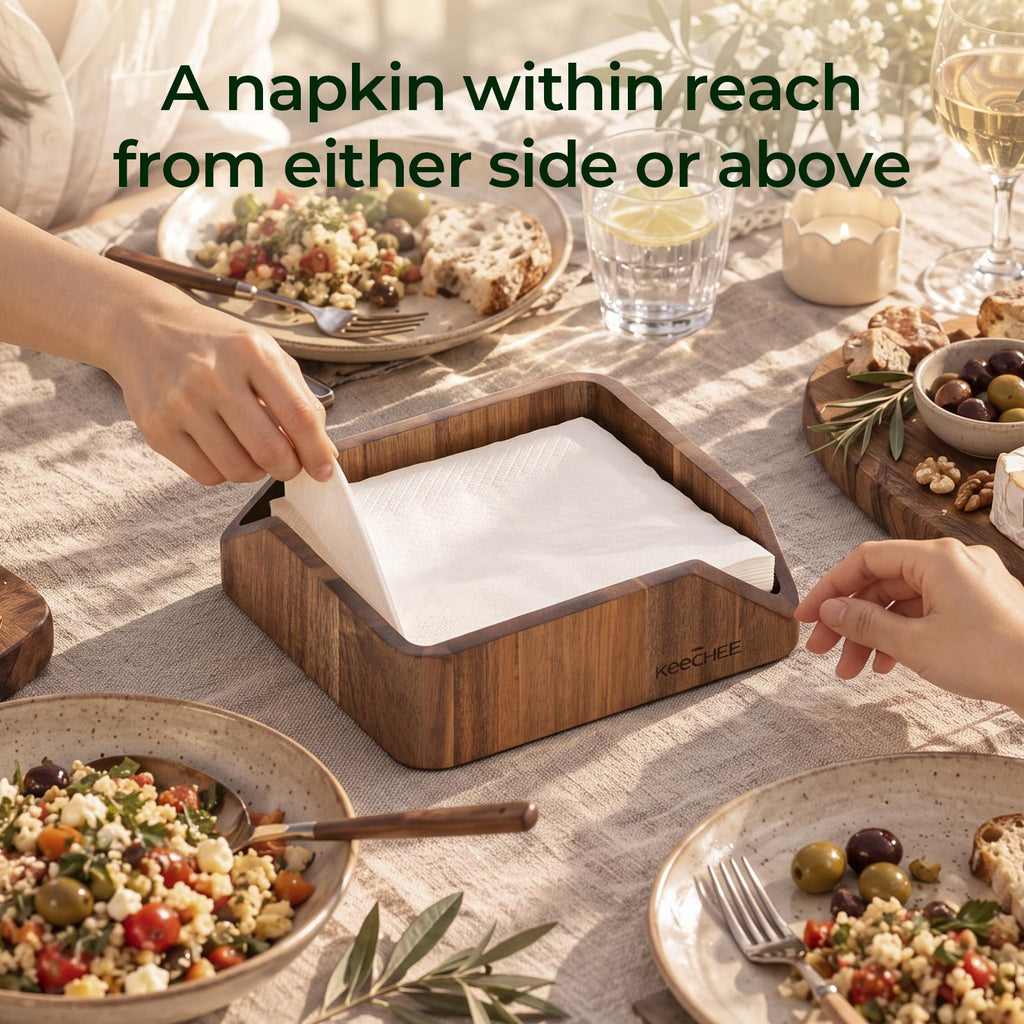 2 hands reaching for napkins from opposite sides of an acacia wood napkin holder on a dining table