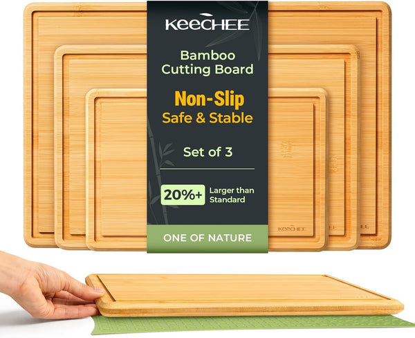 Natural Bamboo Cutting Board with Non-slip Mat - Set of 3