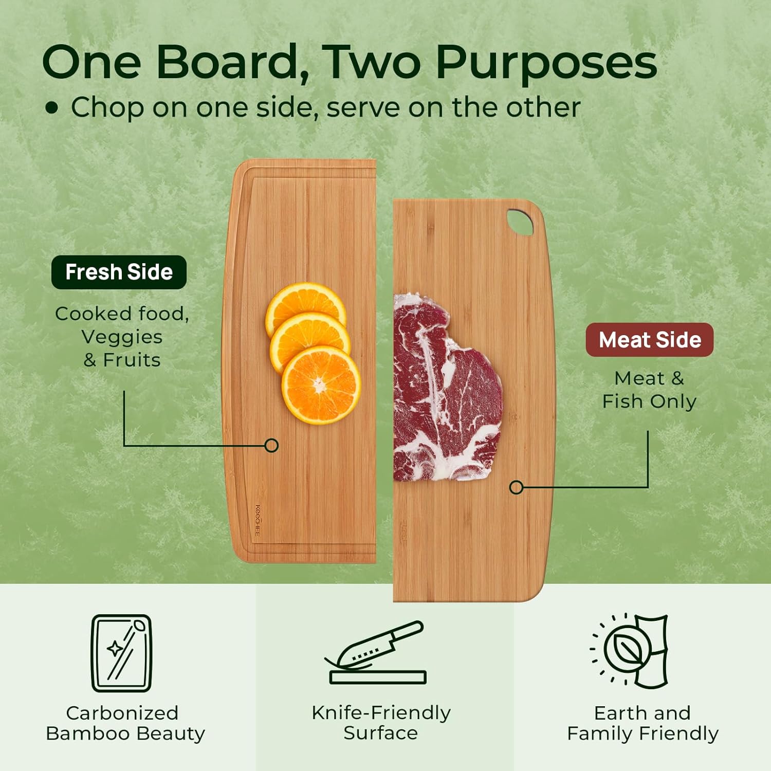 Reversible bamboo cutting boards with built-in juice grooves