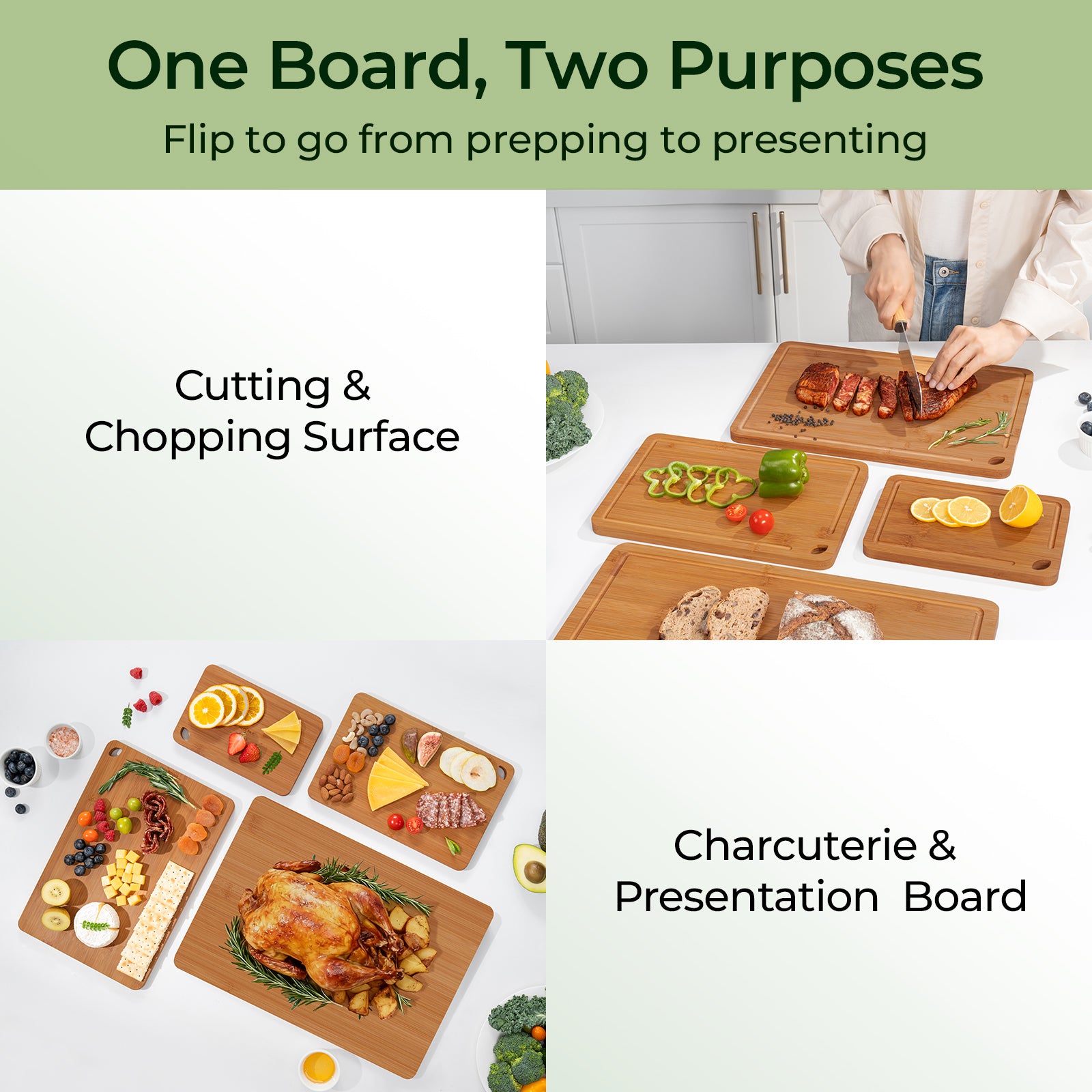 Reversible carbonized bamboo cutting boards used for food preparation and serving