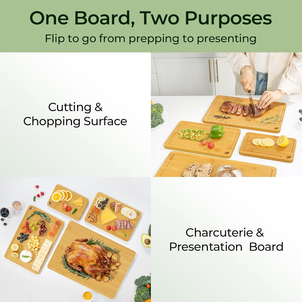 Reversible natural bamboo cutting boards used for food preparation and serving