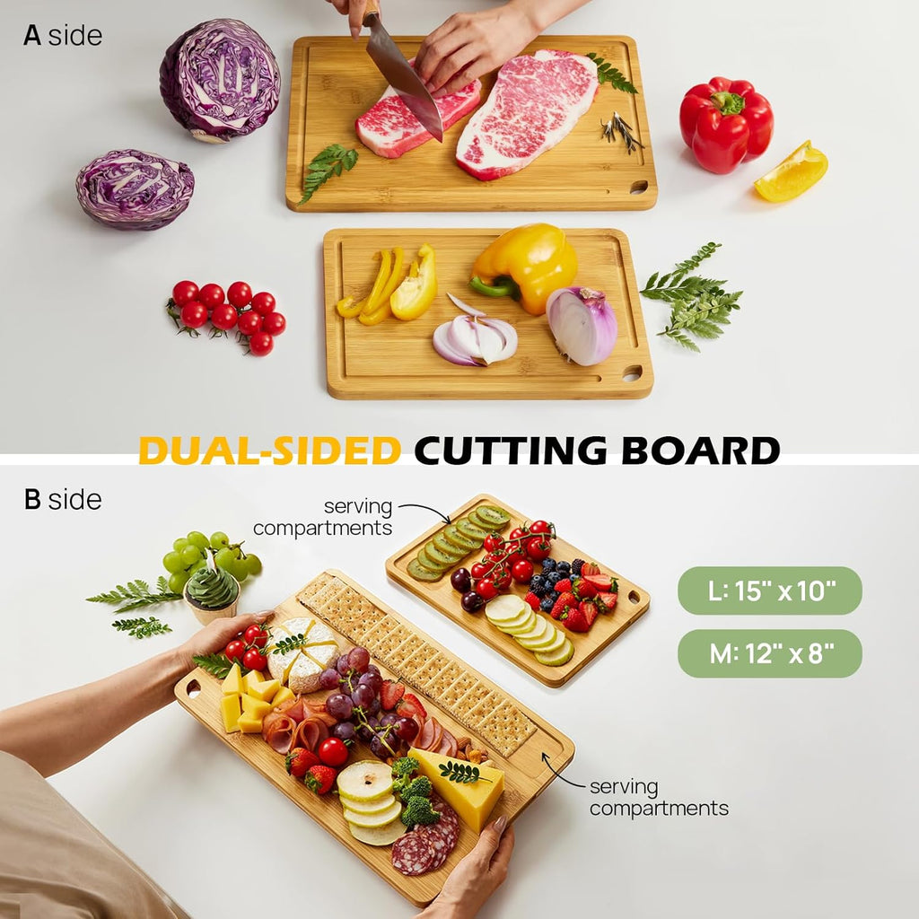 Reversible natural bamboo cutting boards used for chopping and serving food