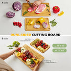 Reversible natural bamboo cutting boards used for chopping and serving food