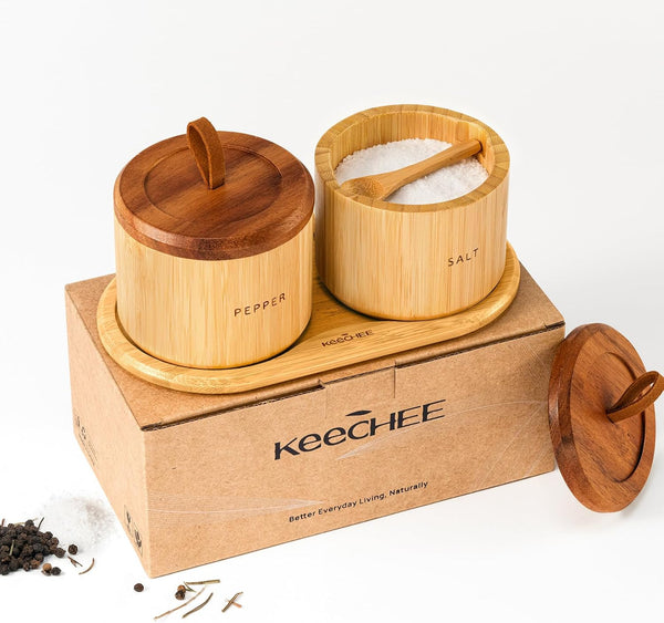 Bamboo Salt Cellar with Acacia Lid - Set of Two