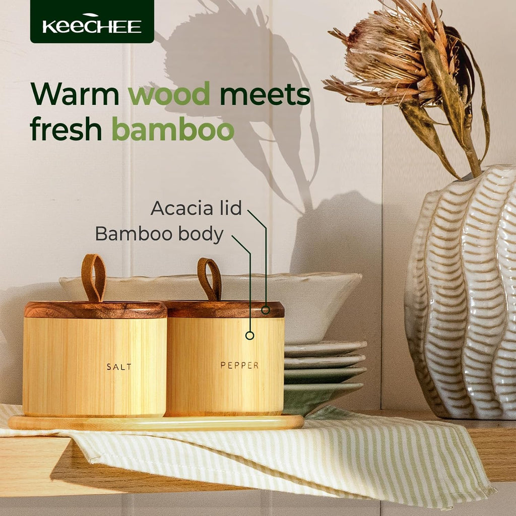 Bamboo Salt Cellar with Acacia Lid - Set of Two