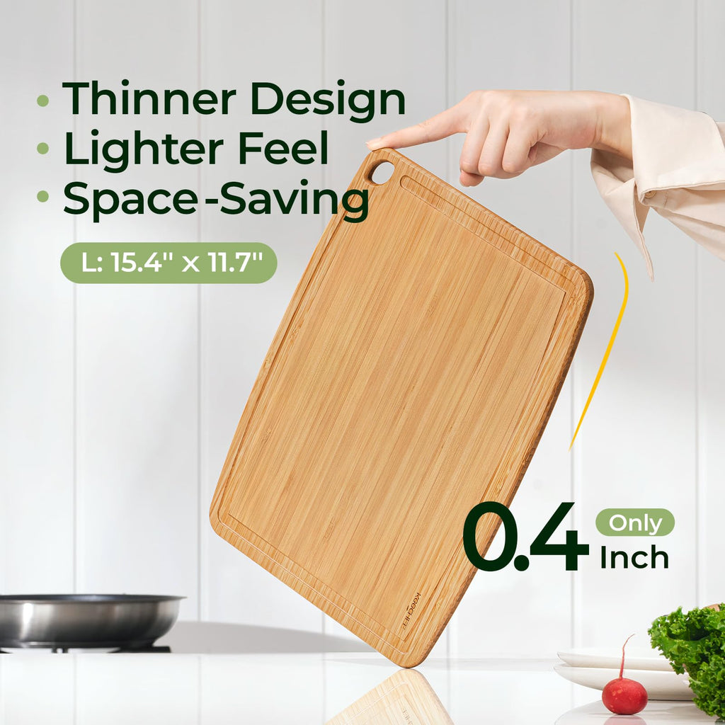Thin bamboo cutting board with a lightweight 0.4-inch profile