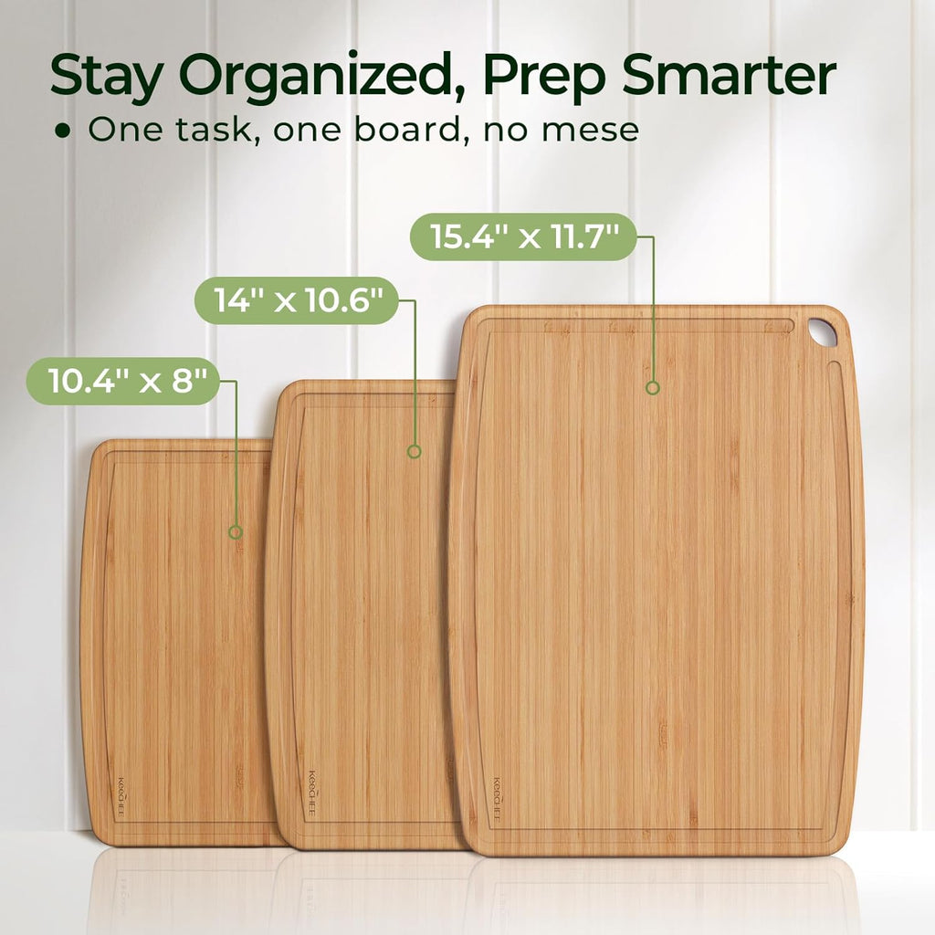Small medium and large bamboo cutting boards in a set of 3