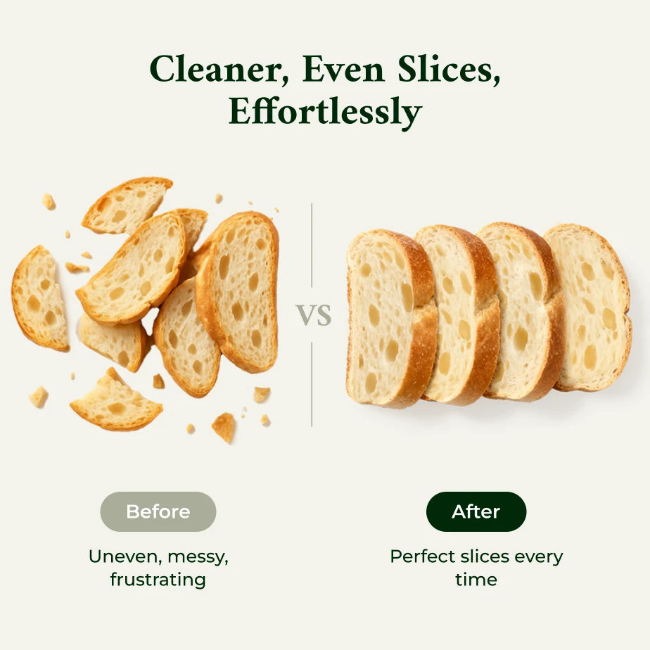 Side-by-side comparison of uneven bread pieces and evenly cut slices