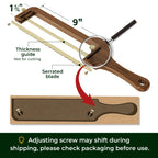 Walnut wood adjustable bread slicer with thickness guide and serrated blade