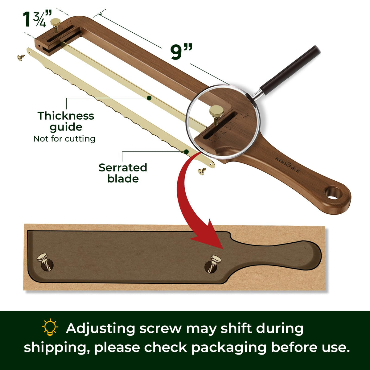 Walnut wood adjustable bread slicer with thickness guide and serrated blade