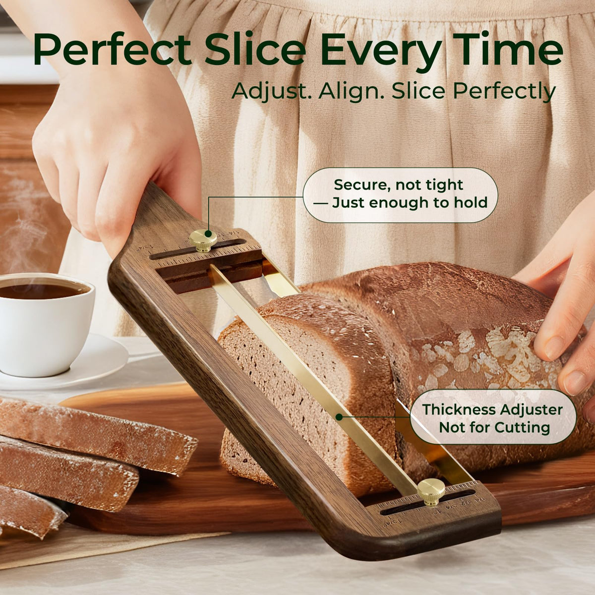 Walnut wood bread slicer cutting even slices from a sourdough loaf