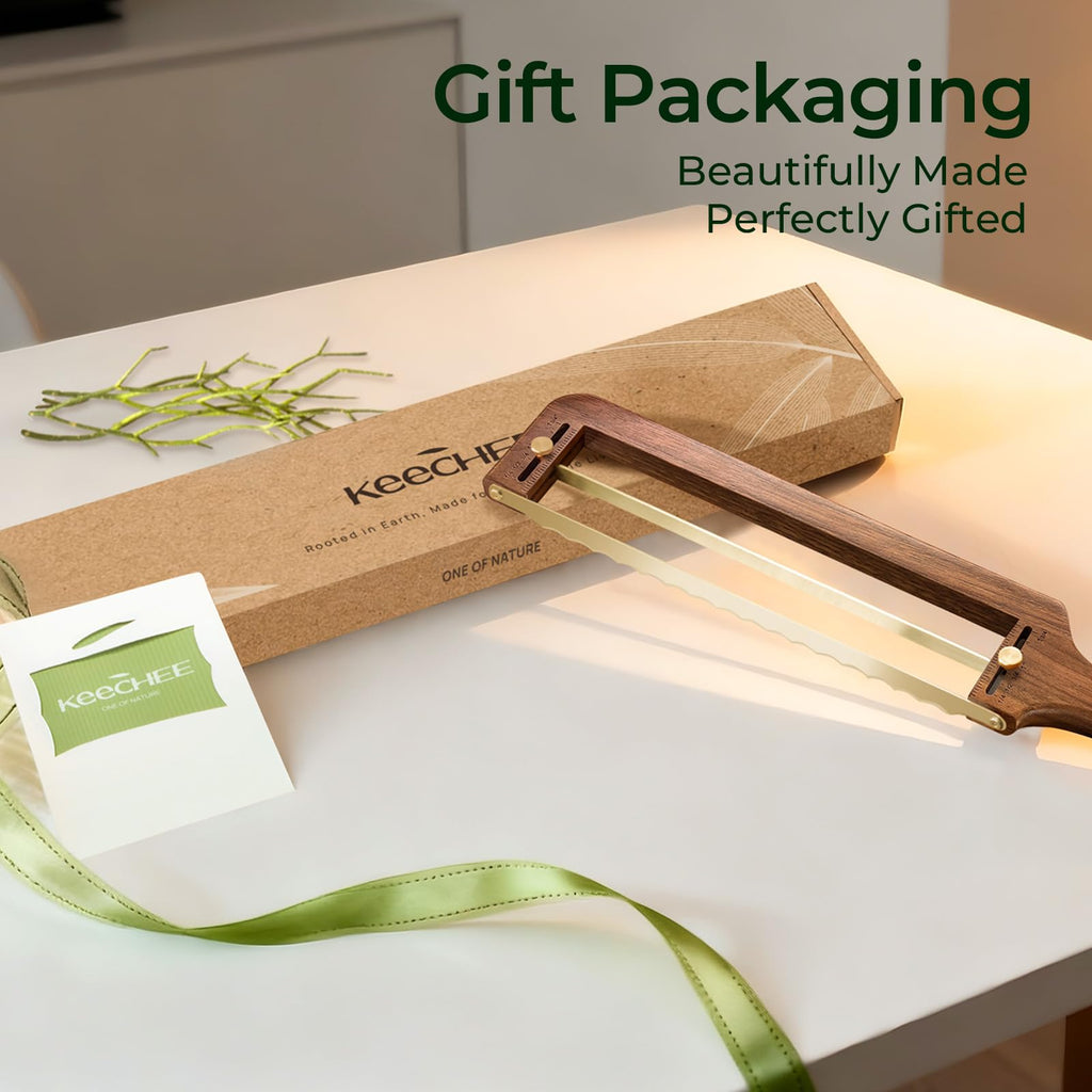 Keechee walnut wood bread slicer displayed with its gift packaging