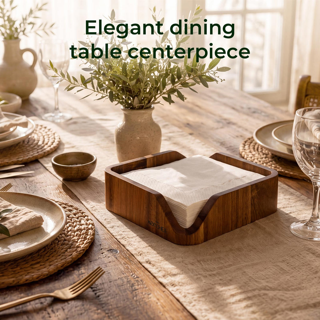 Wooden napkin holder with white paper napkins on a dining table set with plates and glassware